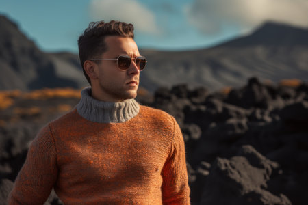 Handsome young man in orange sweater and sunglasses on the background of volcanic landscapeの素材