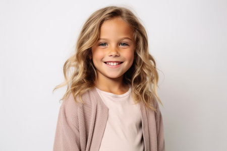 Portrait of a beautiful little girl with blonde curly hair on a white backgroundの素材