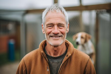 Portrait of a senior man with his dog at the animal shelter.の素材
