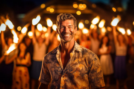 Portrait of a happy man dancing at a music festival on the beachの素材