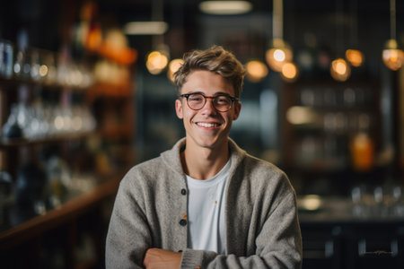 Portrait of handsome young man in glasses smiling at camera in cafeの素材