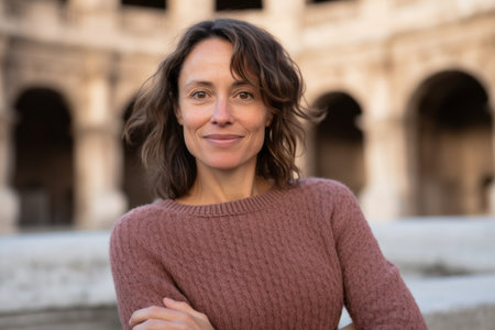 Portrait of smiling woman in front of Colosseum in Romeの素材