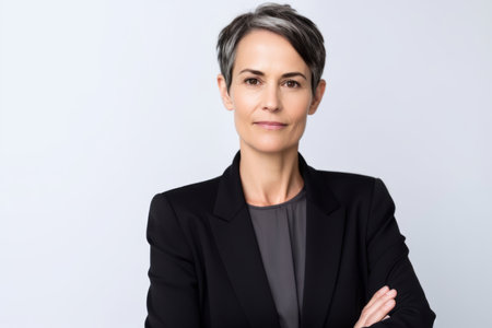 Portrait of confident mature businesswoman standing with arms crossed against white backgroundの素材