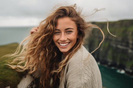 Portrait of a beautiful young woman with long wavy hair, wearing a knitted sweater, looking at camera and smiling, against the backdrop of the Faroe Islands.の素材