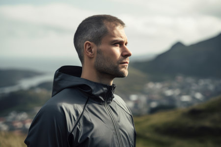 Portrait of a handsome young man wearing a black jacket standing on the top of a mountain and looking awayの素材
