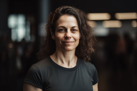 Portrait of a middle-aged woman with curly hair in a gymの素材