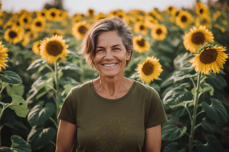 Portrait of smiling mature woman standing in sunflower field on sunny dayの素材