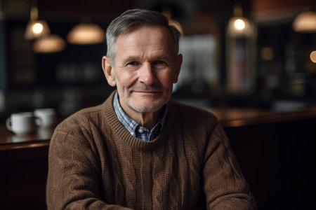 Portrait of a senior man sitting in a cafe and smiling.の素材