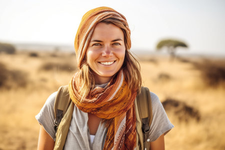 Portrait of a smiling young woman in the savannah at sunsetの素材