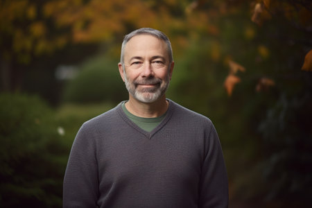 Portrait of a smiling middle-aged man in the park.の素材