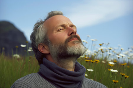 Portrait of a middle-aged man with gray hair and beard in a field of daisiesの素材