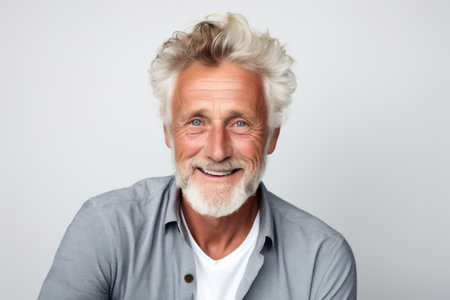 Portrait of happy senior man looking at camera isolated on a white backgroundの素材