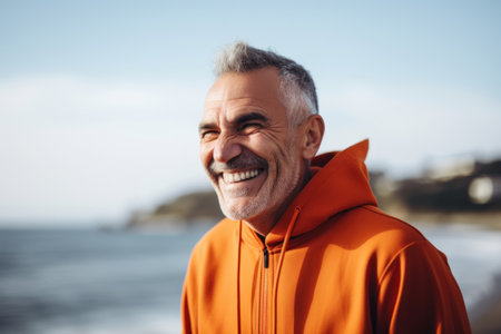 Portrait of a smiling senior man in sportswear on the beachの素材