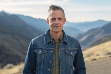 Portrait of handsome middle-aged man standing on top of mountainの素材