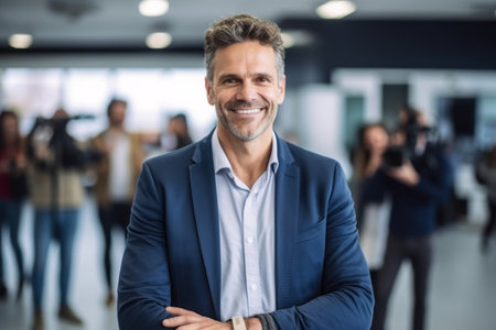 Portrait of smiling businessman with arms crossed in corridor of modern officeの素材