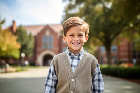 Portrait of smiling boy standing in front of school building on campusの素材