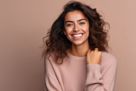 Portrait of a beautiful young woman with long curly hair smiling.の素材