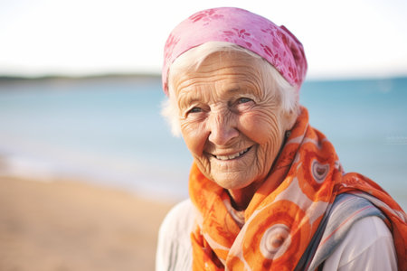 Portrait of a happy senior woman on the beach at autumn dayの素材