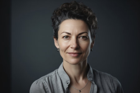 Portrait of a beautiful middle-aged woman with short curly hairの素材