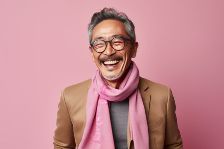 Portrait of a happy asian senior man wearing glasses and pink scarfの素材