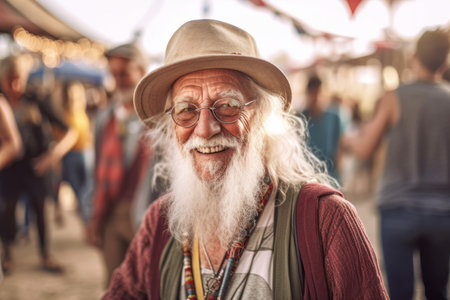 Portrait of a senior man with long white beard wearing hat and glasses at flea marketの素材