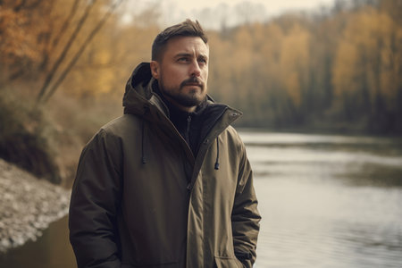 Portrait of a bearded man in a jacket standing by the river.の素材