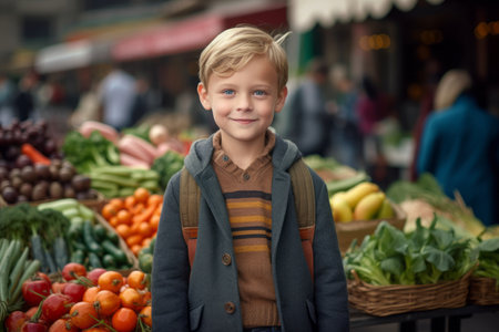 Portrait of a cute little boy at the market. Healthy food concept.の素材