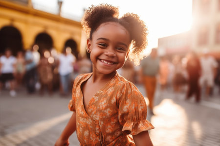 Portrait of a cute little girl smiling in the street at sunsetの素材