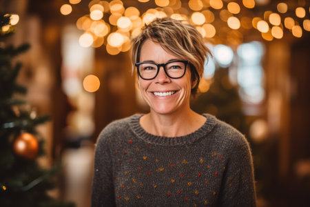 Portrait of a smiling woman wearing eyeglasses at christmas timeの素材