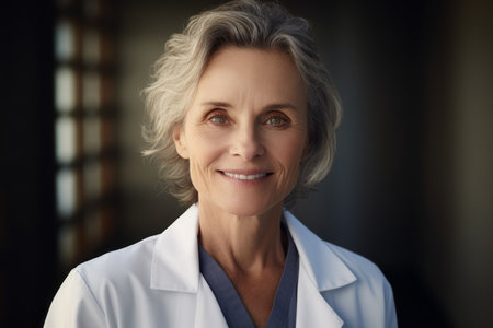 Portrait of smiling senior female doctor looking at camera with copy spaceの素材