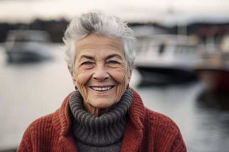 Portrait of a senior woman smiling at the camera on a pierの素材