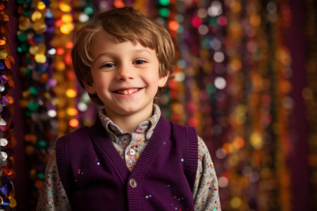 Portrait of a cute little boy with colorful lights in the backgroundの素材