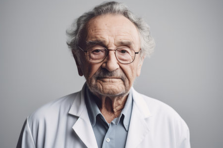 Portrait of senior doctor in white coat and eyeglasses on gray backgroundの素材