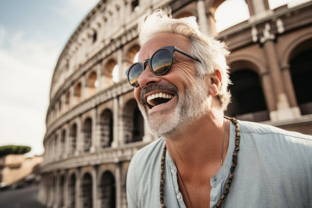 Cheerful mature man wearing sunglasses and smiling while standing near Colosseum in Rome, Italyの素材