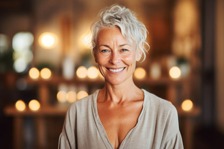Portrait of smiling mature woman in coffee shop at counter in restaurantの素材