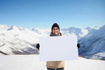 Happy woman holding a blank sheet of paper against snowy mountains in winterの素材