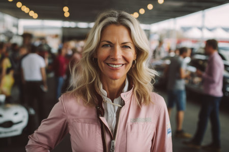 Portrait of smiling woman standing by car in showroom at convention centerの素材