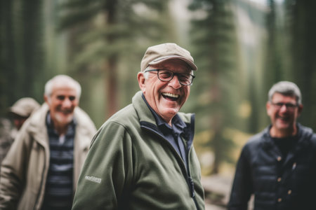 Group of senior friends hiking together in the forest. Active seniors lifestyle concept.の素材