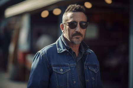 Handsome middle-aged man in a denim jacket and sunglasses on the streetの素材