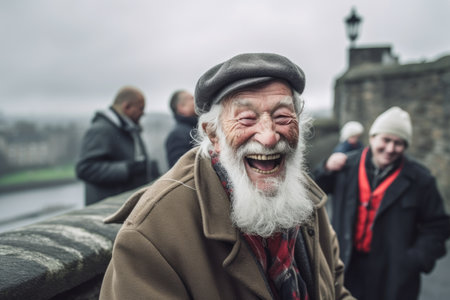Unidentified senior man with long white beard and mustache in Edinburgh, Scotland.の素材