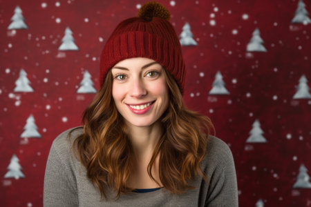 Portrait of smiling young woman in winter hat against christmas backgroundの素材