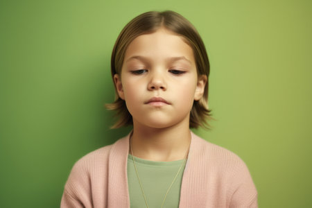 Portrait of a beautiful little girl in a pink sweater on a green backgroundの素材