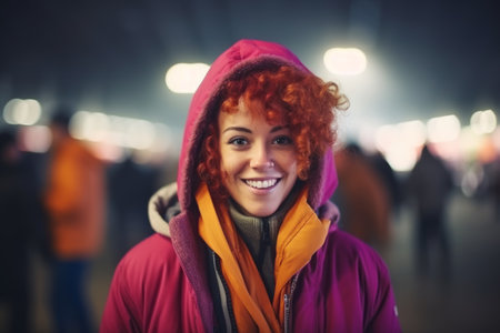 Portrait of a beautiful young woman with red curly hair wearing warm clothes.の素材