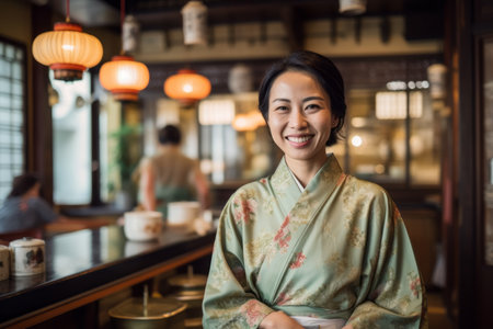 Portrait of happy young woman in kimono smiling at camera in restaurantの素材
