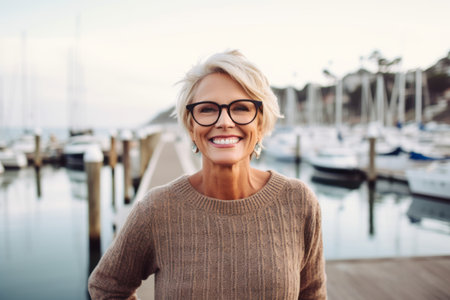 Portrait of smiling mature woman in eyeglasses standing on pierの素材