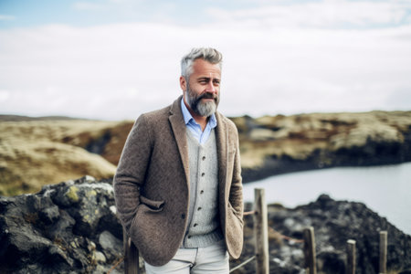 Handsome senior man with gray beard and mustache wearing a coat standing on a rock by the sea.の素材