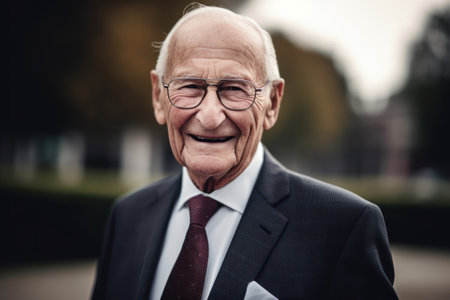 Portrait of a smiling senior man in a business suit outdoors.の素材