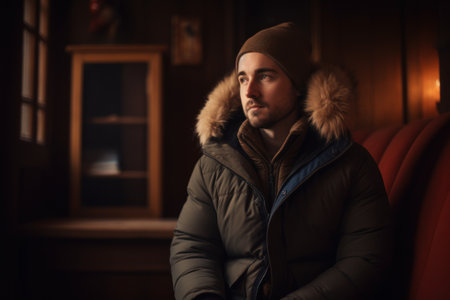 Portrait of a handsome young man in a winter jacket and hat.の素材