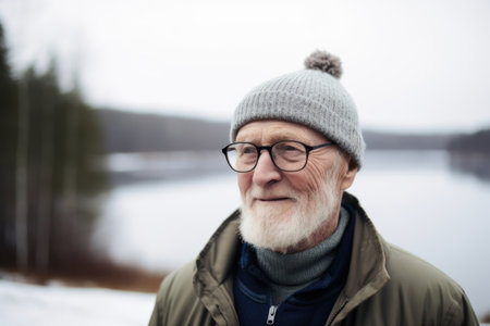 Portrait of a senior man with glasses and hat on the background of a lakeの素材