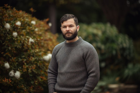 Portrait of a handsome bearded man in a gray sweater in the parkの素材